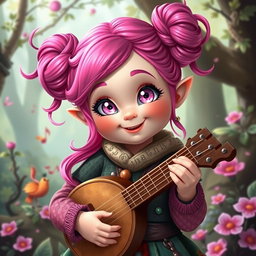 A young female gnome bard with vibrant pink hair styled in fun buns, showcasing her playful personality