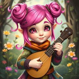 A young female gnome bard with vibrant pink hair styled in fun buns, showcasing her playful personality