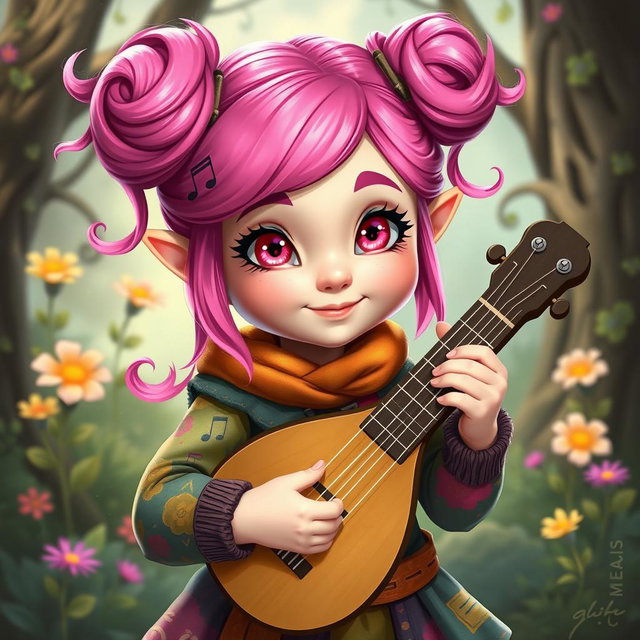 A young female gnome bard with vibrant pink hair styled in fun buns, showcasing her playful personality