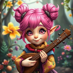 A young female gnome bard with vibrant pink hair styled in fun buns, showcasing her playful personality