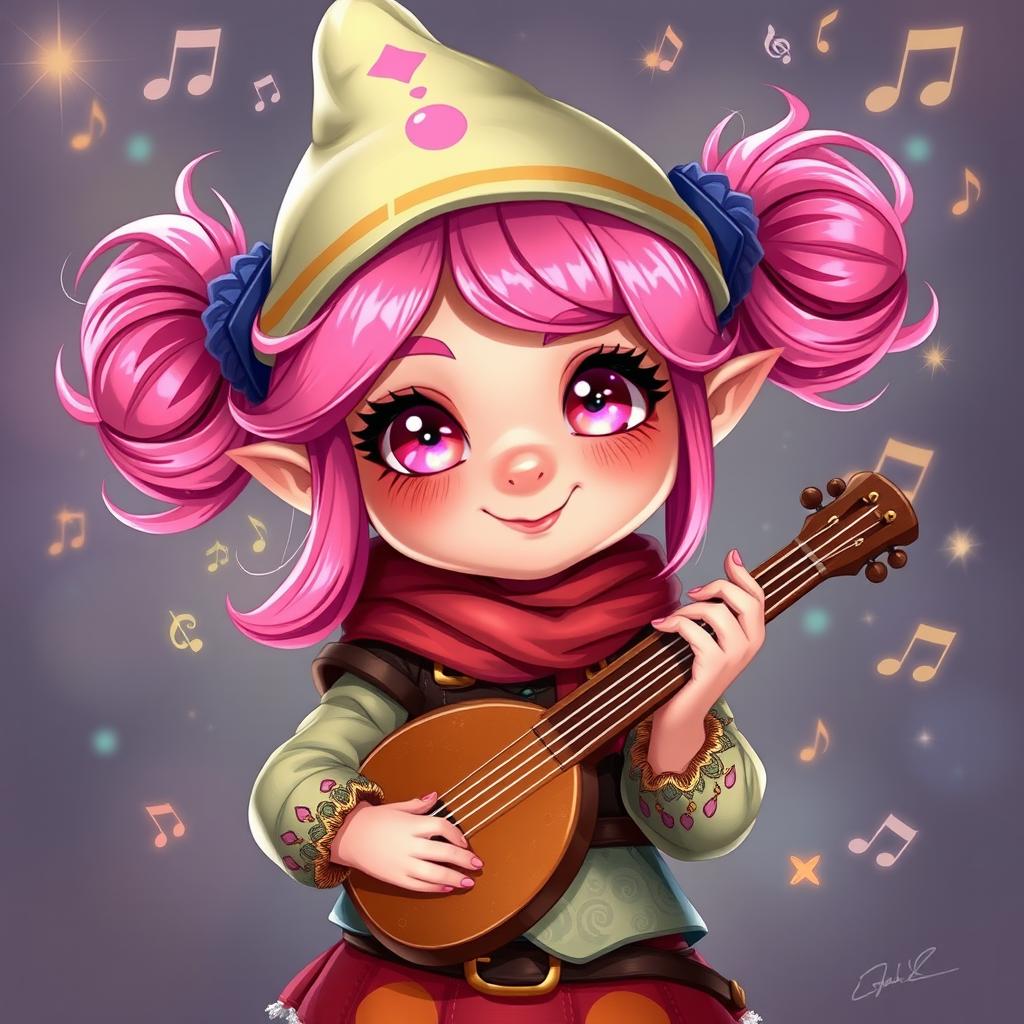 A playful and vibrant 2D illustration of a young female gnome bard, featuring bright pink hair styled in fun buns, and striking pink eyes