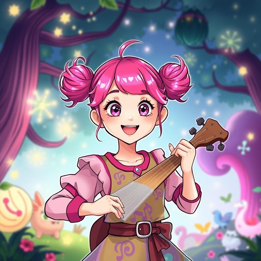 A vibrant illustration of a young female bard with bright pink hair styled in fun, playful buns
