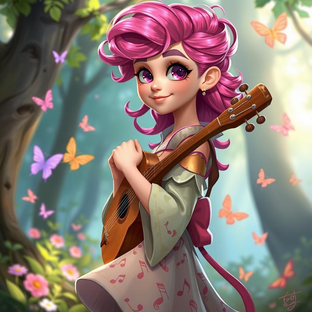 A vibrant 2D illustration of a young female bard with bright pink hair styled in playful curls