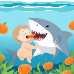 A friendly shark gently holding a cute baby in its fins. The baby is joyfully eating a bright orange carrot.