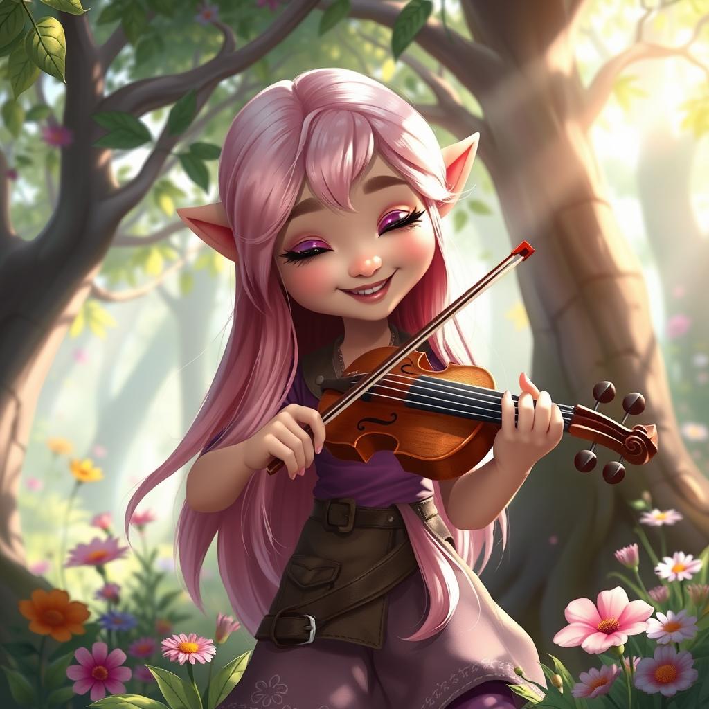 A whimsical 2D illustration of a young gnome woman, featuring long pale pink hair cascading down her shoulders and vibrant pink eyes sparkling with joy