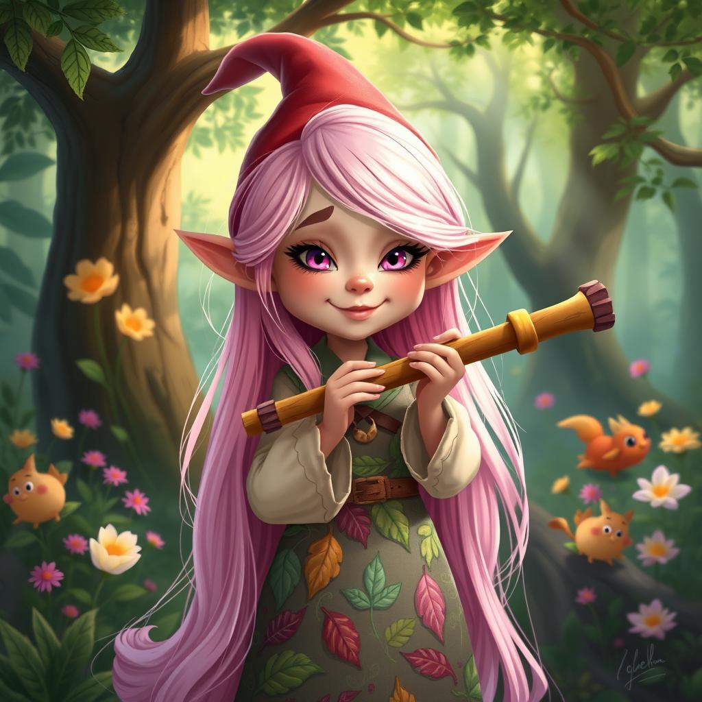 A whimsical 2D illustration of a young gnome woman with long, flowing pale pink hair cascading down her back