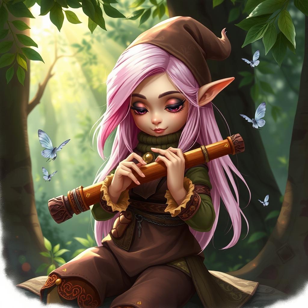 A vibrant 2D illustration of a young gnome woman with long, flowing pale pink hair and enchanting pink eyes, deeply focused as she plays a beautifully crafted panflute