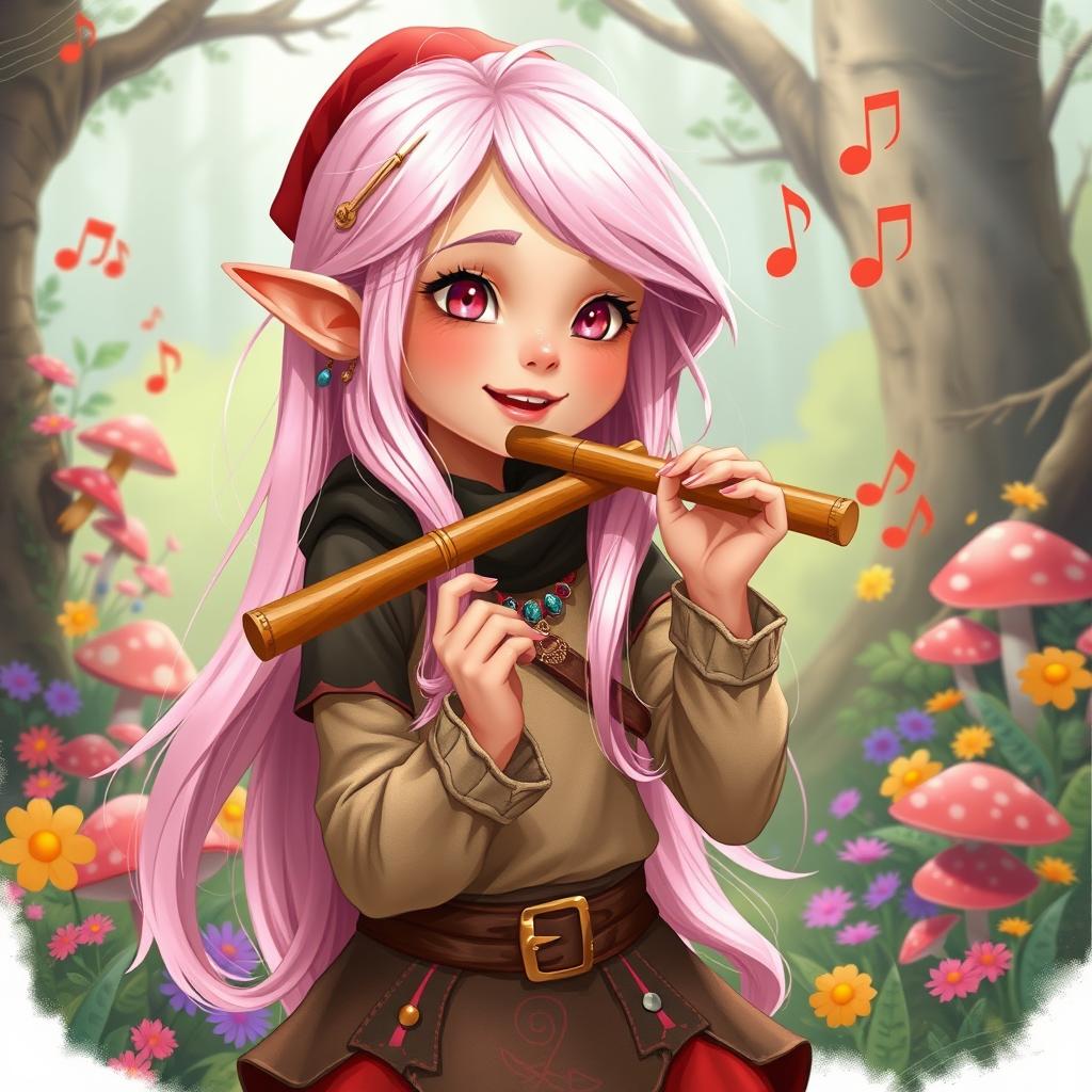 A vibrant 2D illustration of a young gnome woman with long, flowing pale pink hair and enchanting pink eyes