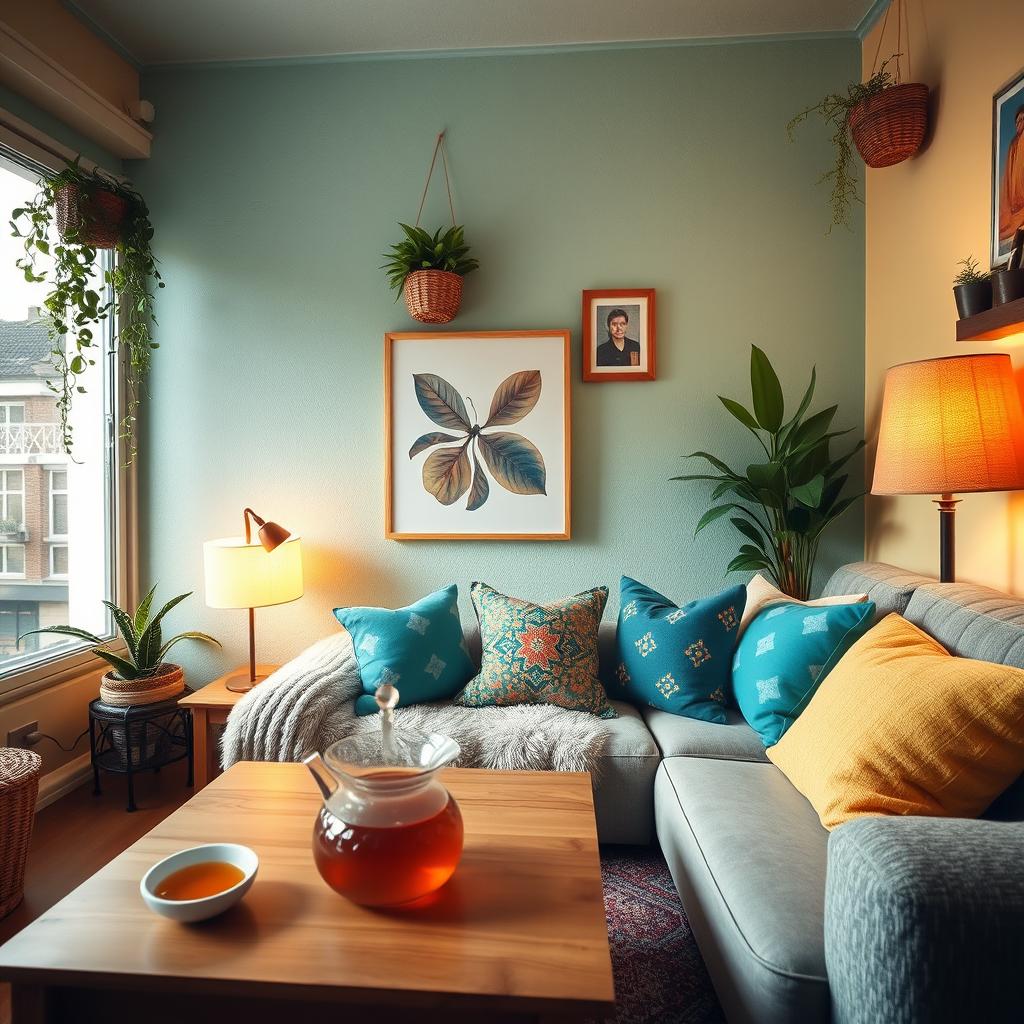 A cozy room interior featuring a bright colored wall, decorated with soft furnishings like a plush sofa and colorful cushions