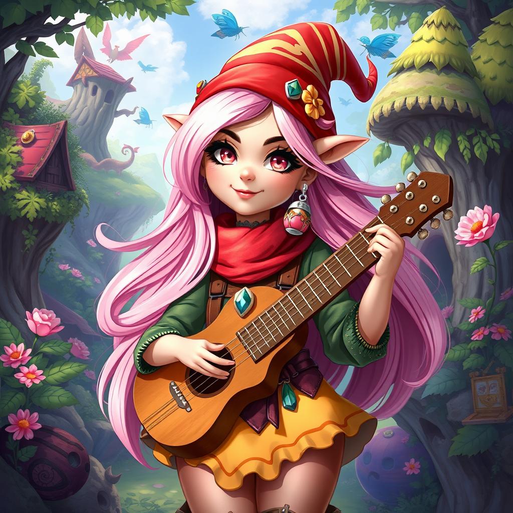 A vibrant 2D illustration depicting a young gnome woman bard, characterized by her long, flowing pale pink hair and striking pink eyes