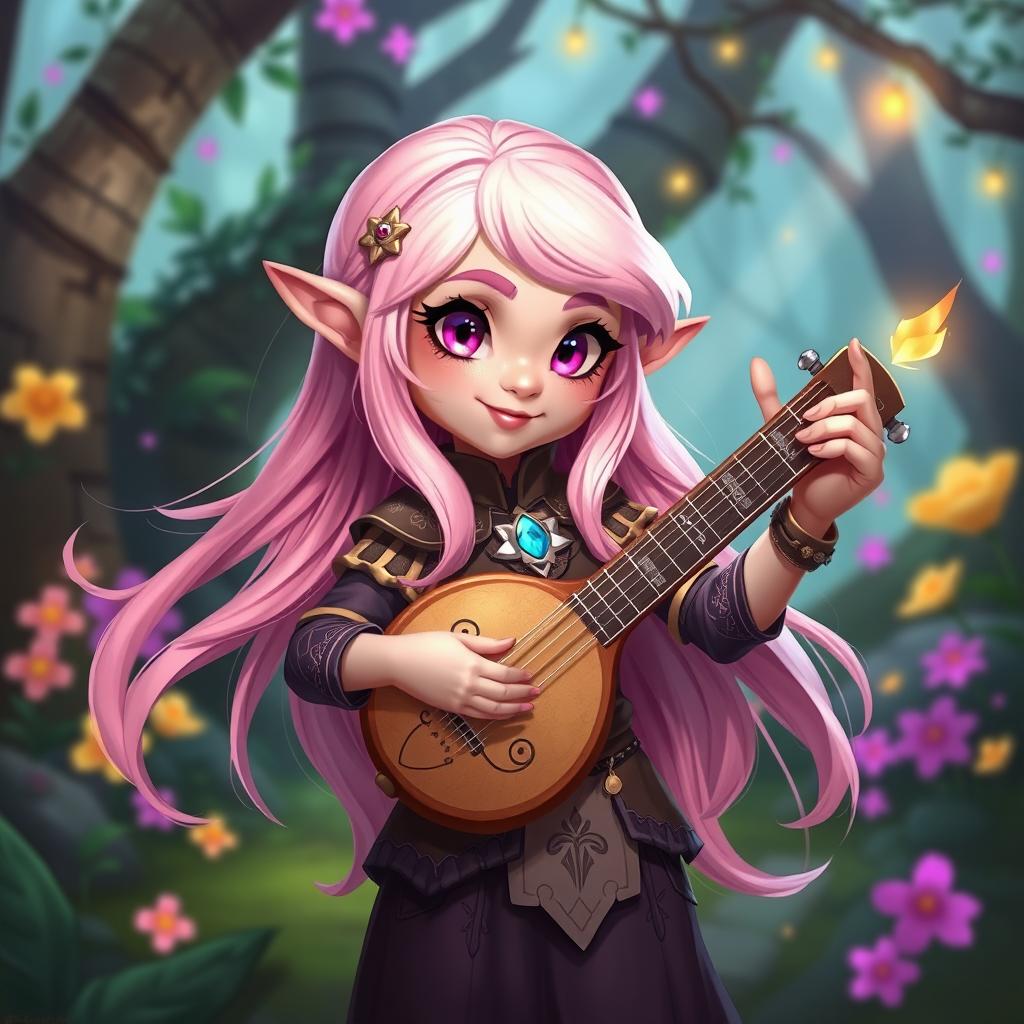 A vibrant 2D illustration of a young gnome woman bard in a fantasy setting