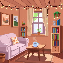 A warm and cozy pixel art room filled with charming details, featuring a comfortable sofa in a soft color palette, a small bookshelf filled with colorful books, a wooden coffee table with a steaming cup of tea, and a window letting in gentle sunlight