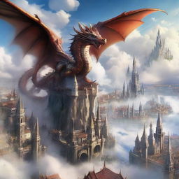 An awe-inspiring, beautiful city floating in the sky, draped in wispy clouds, with majestic dragons soaring around it.