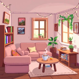 A warm and cozy pixel art room filled with charming details, featuring a comfortable sofa in a soft color palette, a small bookshelf filled with colorful books, a wooden coffee table with a steaming cup of tea, and a window letting in gentle sunlight