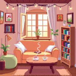 A warm and cozy pixel art room filled with charming details, featuring a comfortable sofa in a soft color palette, a small bookshelf filled with colorful books, a wooden coffee table with a steaming cup of tea, and a window letting in gentle sunlight