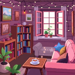 A warm and cozy pixel art room filled with charming details, featuring a comfortable sofa in a soft color palette, a small bookshelf filled with colorful books, a wooden coffee table with a steaming cup of tea, and a window letting in gentle sunlight