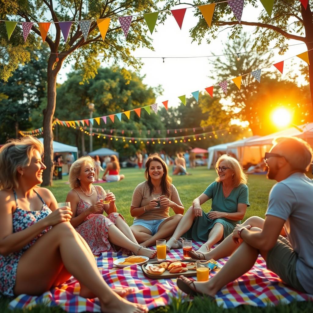 An artistically styled scene featuring an outdoor summer festival with vibrant colors, where a group of adults are relaxing on picnic blankets, enjoying food and drinks