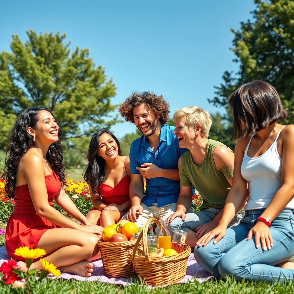 A group of friends joyfully enjoying a sunny day in a park