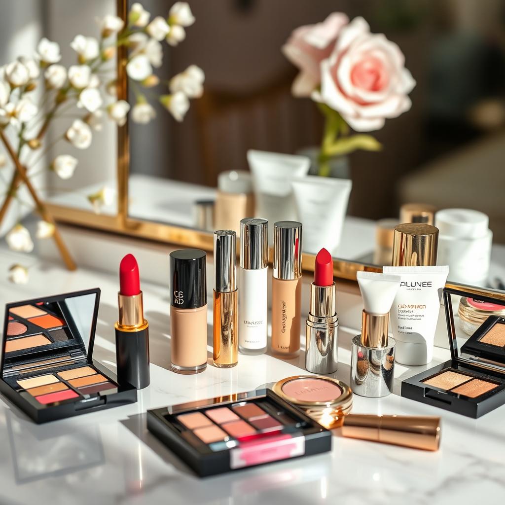 A stylish and elegant setup showcasing a variety of high-end cosmetic products including lipsticks, foundation, eyeshadows, and skincare items