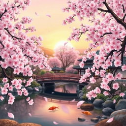 A beautifully detailed artistic representation of a traditional Japanese landscape showcasing cherry blossoms in full bloom