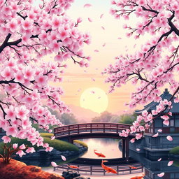 A beautifully detailed artistic representation of a traditional Japanese landscape showcasing cherry blossoms in full bloom