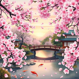 A beautifully detailed artistic representation of a traditional Japanese landscape showcasing cherry blossoms in full bloom