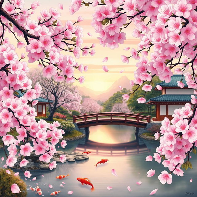 A beautifully detailed artistic representation of a traditional Japanese landscape showcasing cherry blossoms in full bloom
