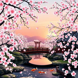 A beautifully detailed artistic representation of a traditional Japanese landscape showcasing cherry blossoms in full bloom