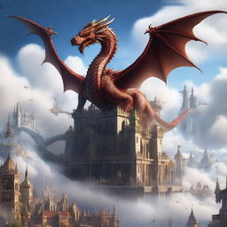 An awe-inspiring, beautiful city floating in the sky, draped in wispy clouds, with majestic dragons soaring around it.