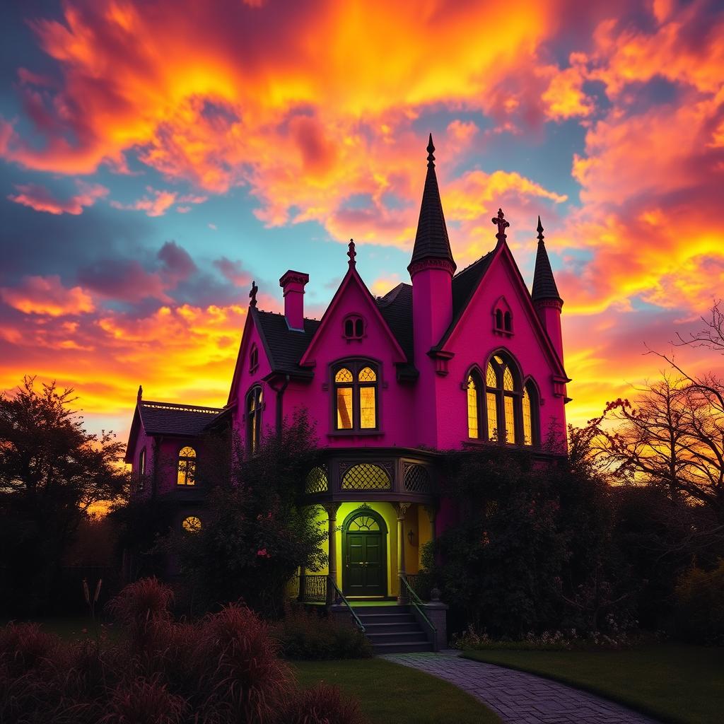 A spooky cult house with a vibrant pink exterior, set against a dramatic sunset filled with bright orange and yellow hues