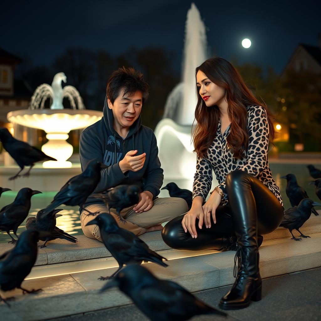 A Japanese male opera singer, dressed in a distinctive crow-themed hoodie, quietly sitting by a beautifully lit fountain at night in Japan, surrounded by a tranquil atmosphere