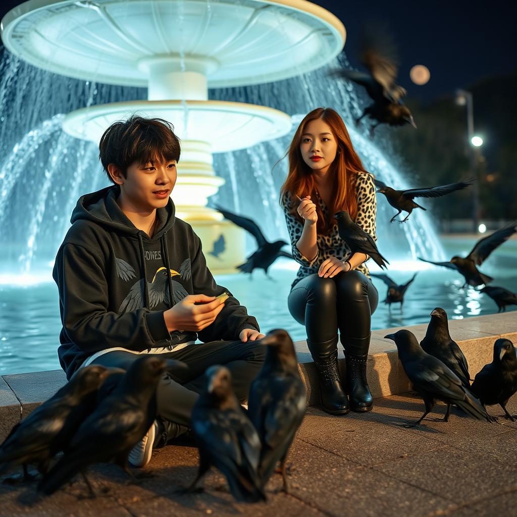 A young Japanese male opera singer, wearing a distinctive crow-themed hoodie, sitting by a beautifully illuminated fountain at night in Japan, surrounded by a tranquil atmosphere
