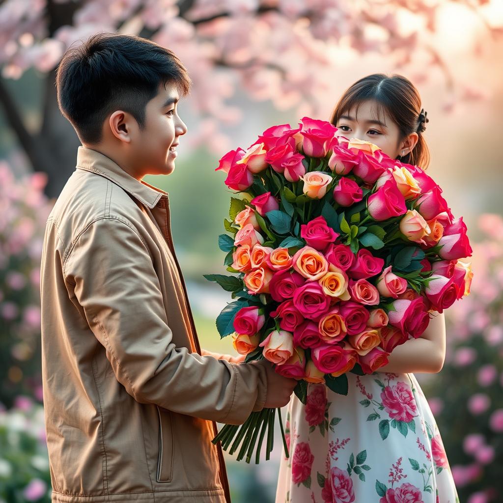 A romantic scene showcasing a Thai boy dressed in a light brown jacket, holding an extravagant bouquet of 500 vibrant roses as a heartfelt gift for his girlfriend