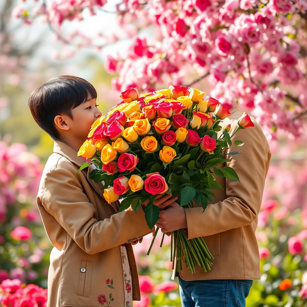 A heartwarming scene depicting a Thai boy dressed in a stylish light brown jacket, presenting an extravagant bouquet of 500 vibrant roses to his girlfriend