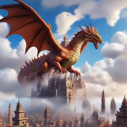 An awe-inspiring, beautiful city floating in the sky, draped in wispy clouds, with majestic dragons soaring around it.