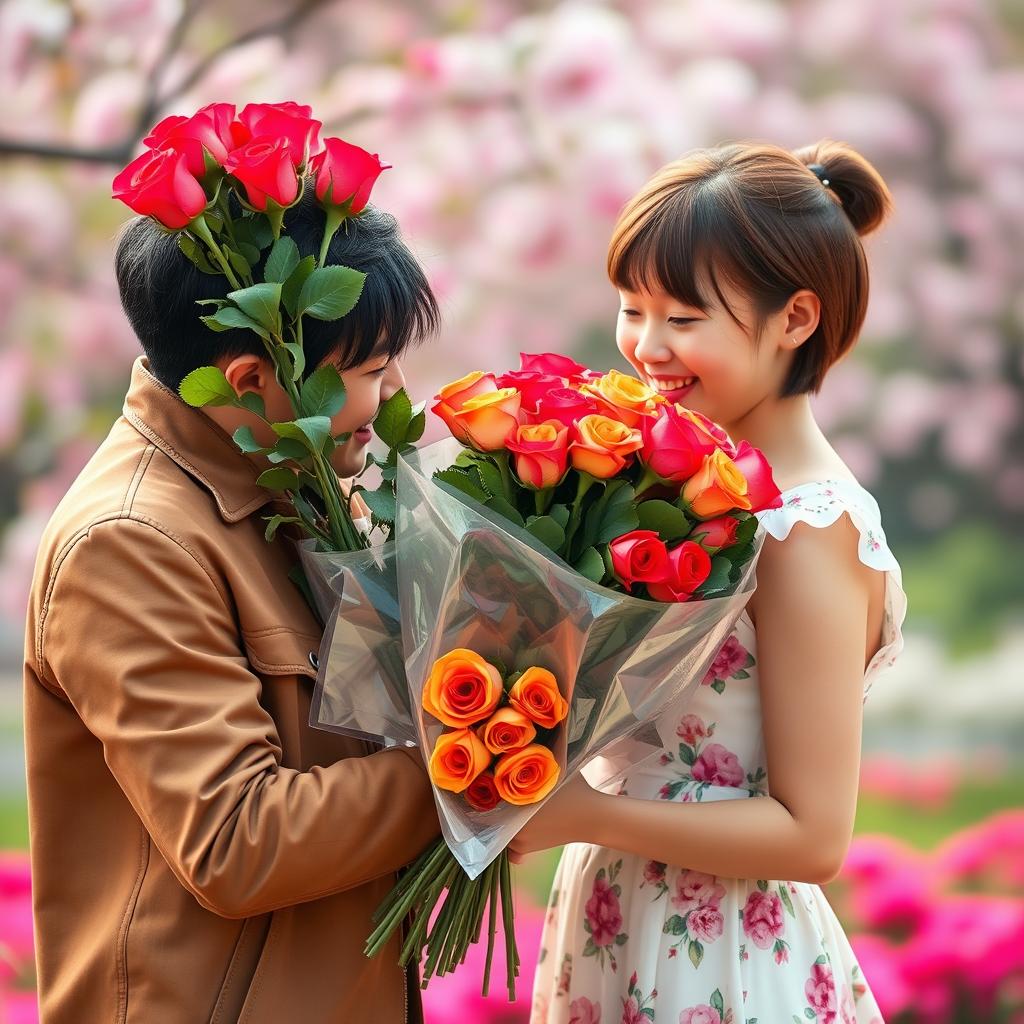A tender moment captured in a beautiful setting, showcasing a Thai male young adult dressed in a stylish light brown jacket, enthusiastically presenting an impressive bouquet of 500 vibrant roses to his girlfriend