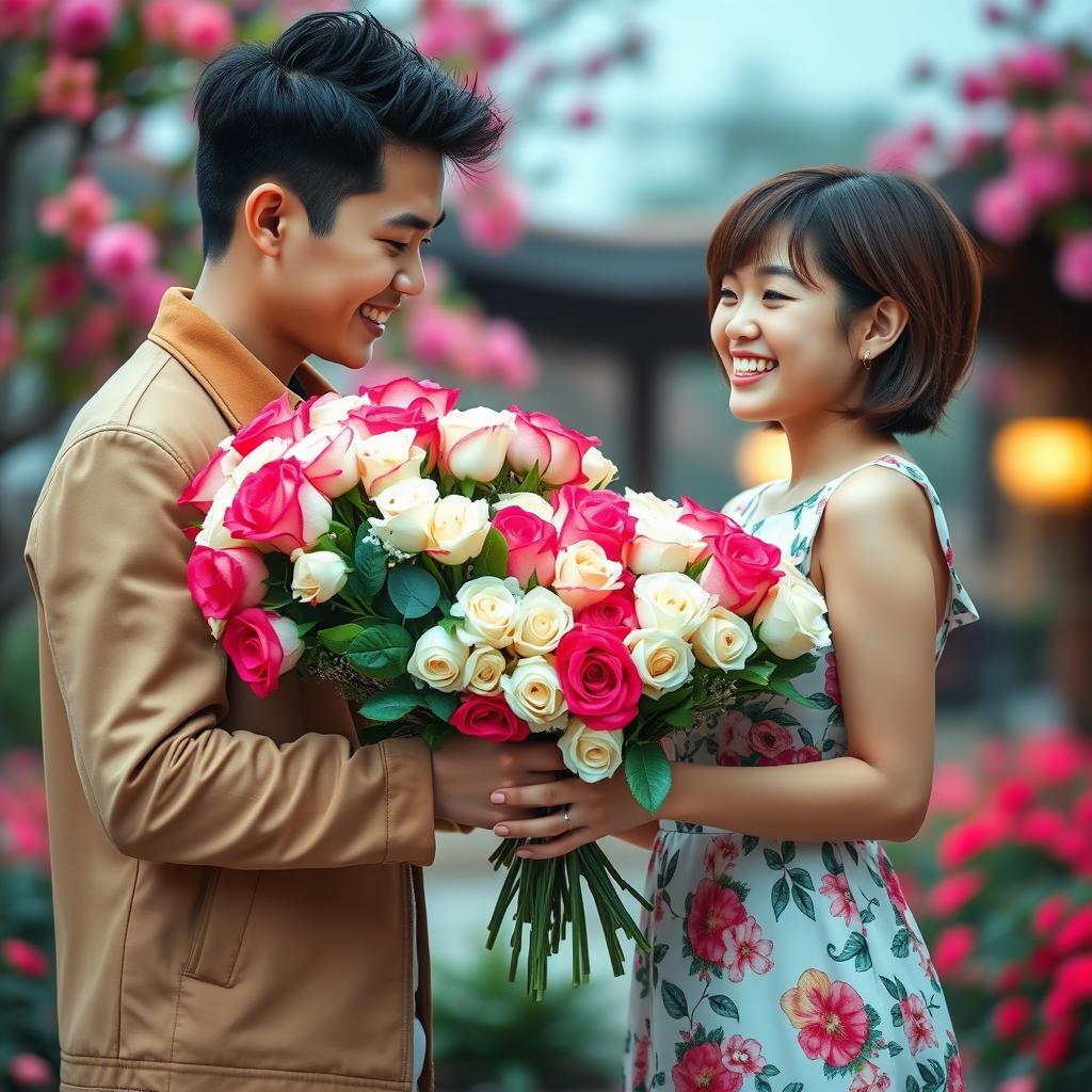 A heartfelt moment capturing a Thai male young adult dressed in a stylish light brown jacket, joyfully presenting an impressive bouquet of 500 striking roses to his girlfriend