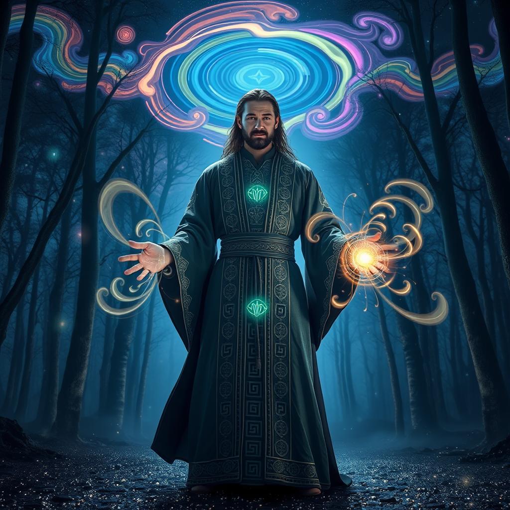 A powerful human magician with the ability to manipulate frequencies, standing confidently in a mystical forest