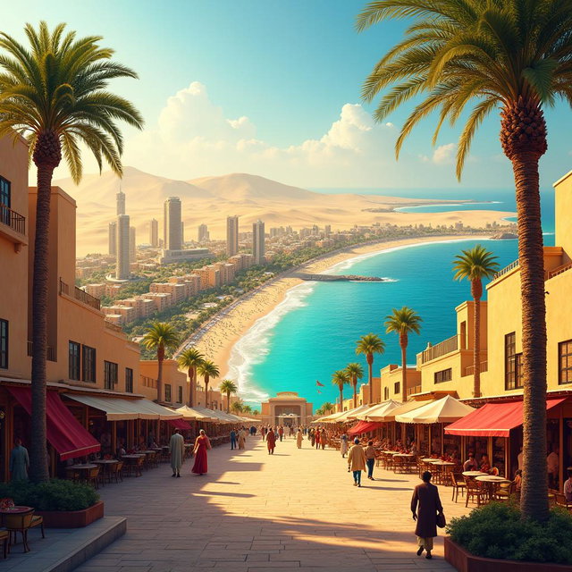 A vibrant coastal desert city serving as a capital, showcasing stunning architecture with modern skyscrapers meeting traditional buildings, set against a backdrop of golden sandy dunes and the bright blue sea