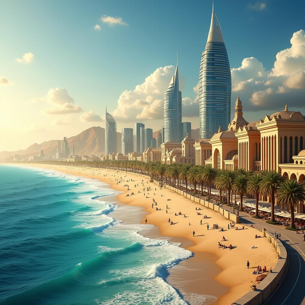 A beautiful coastal desert city serving as a capital, with stunning architecture blending traditional and modern styles, featuring tall skyscrapers and historical buildings