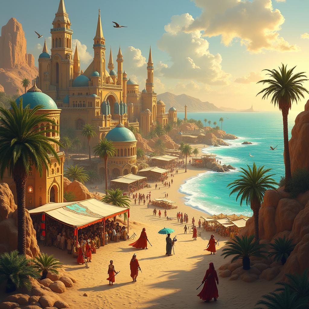 A fantastical coastal desert city acting as a vibrant capital, featuring grand, ethereal architecture with towering spires and ornate, colorful facades made of shimmering materials