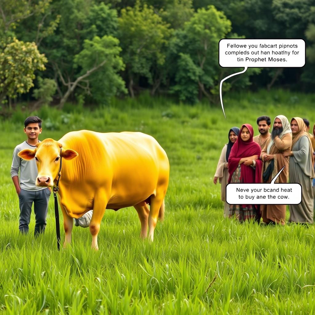 A beautiful pasture filled with lush green grass, featuring a robust and healthy cow with a uniform and vibrant yellow coat, completely free of spots