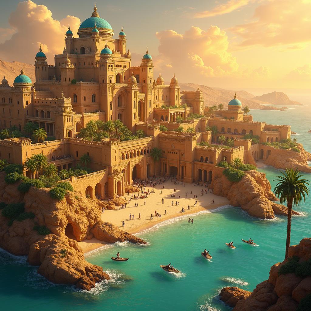 A fantastical coastal desert city acting as a vibrant capital, enclosed by towering, ornate desert walls made of shimmering sandstone, intricately carved with ancient runes and patterns