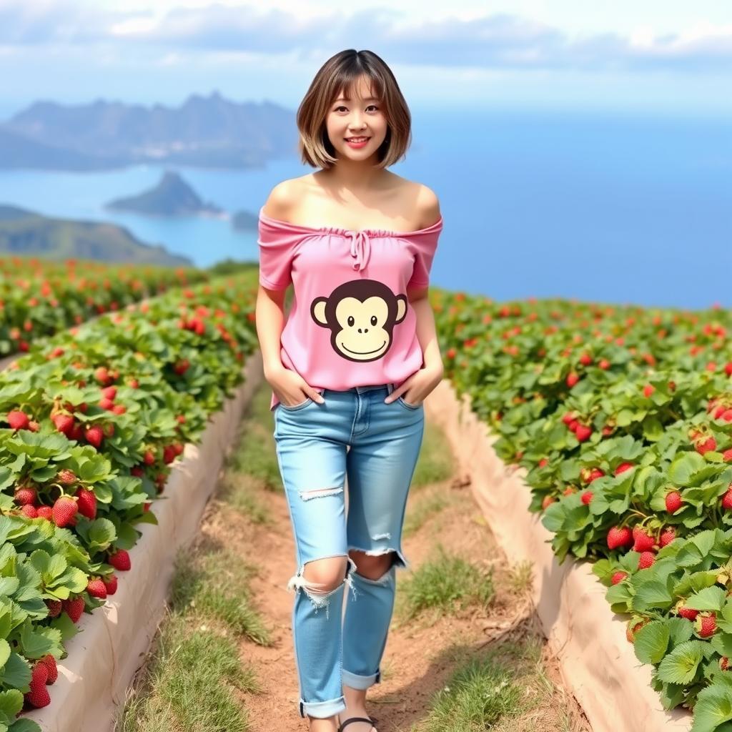 A beautiful Korean woman wearing a pink off-shoulder t-shirt featuring a cuddly monkey design, torn jeans, and flip-flops, standing facing forward in a strawberry plantation