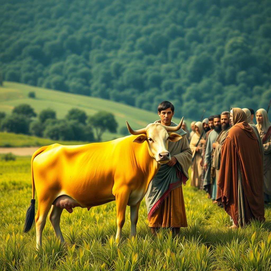 A scene depicting a lush pasture before Christ's era, featuring a strong, healthy cow with solid yellow, vibrant coat, without any spots