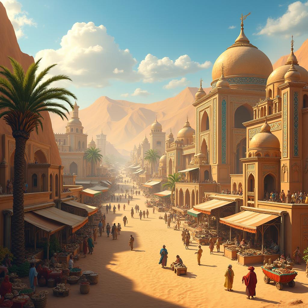 A magnificent fantasy desert city, characterized by stunning golden sandy landscapes, towering sand dunes surrounding the city, and intricate architecture made of sun-baked clay and shimmering crystal elements