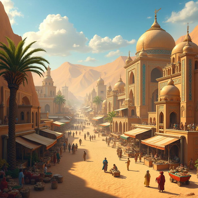 A magnificent fantasy desert city, characterized by stunning golden sandy landscapes, towering sand dunes surrounding the city, and intricate architecture made of sun-baked clay and shimmering crystal elements