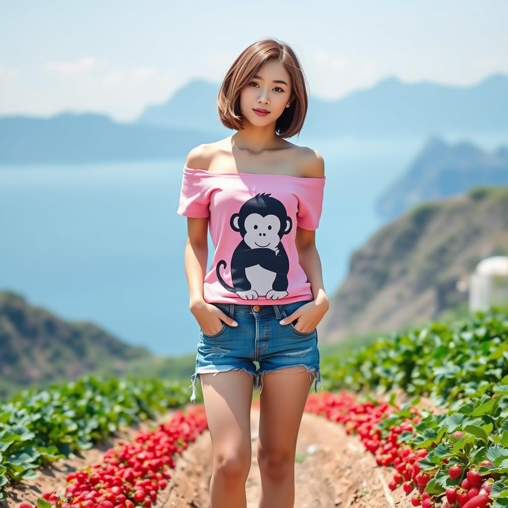 A beautiful Korean woman wearing a pink off-shoulder t-shirt featuring a cute monkey hugging design, paired with ripped denim shorts and flip-flops