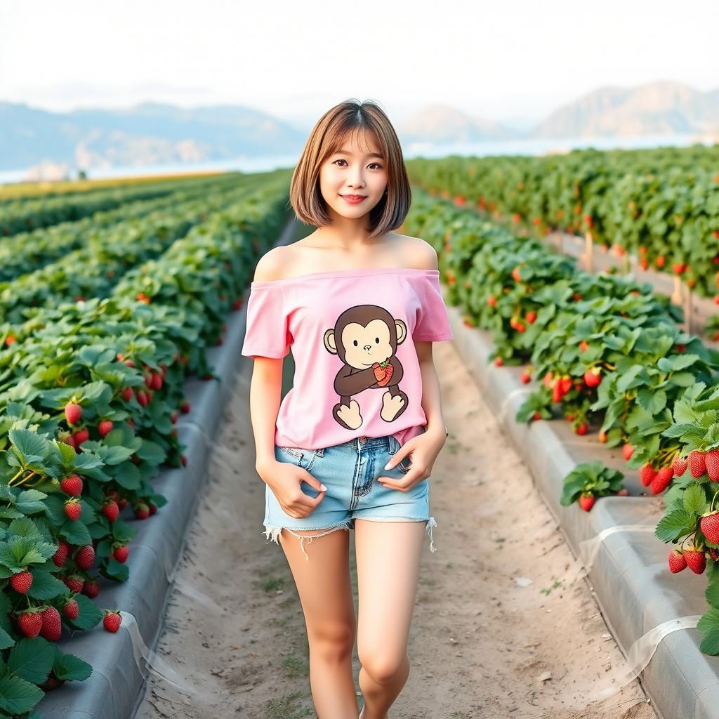 A beautiful Korean woman wearing a pink off-shoulder t-shirt featuring a hugging monkey graphic, short ripped denim shorts, and flip-flops