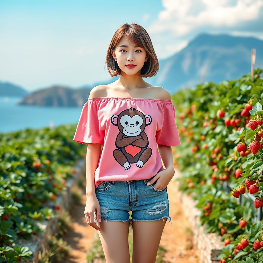 A beautiful Korean woman wearing a pink off-the-shoulder t-shirt featuring a cute monkey hugging graphic, distressed denim shorts, and flip-flops